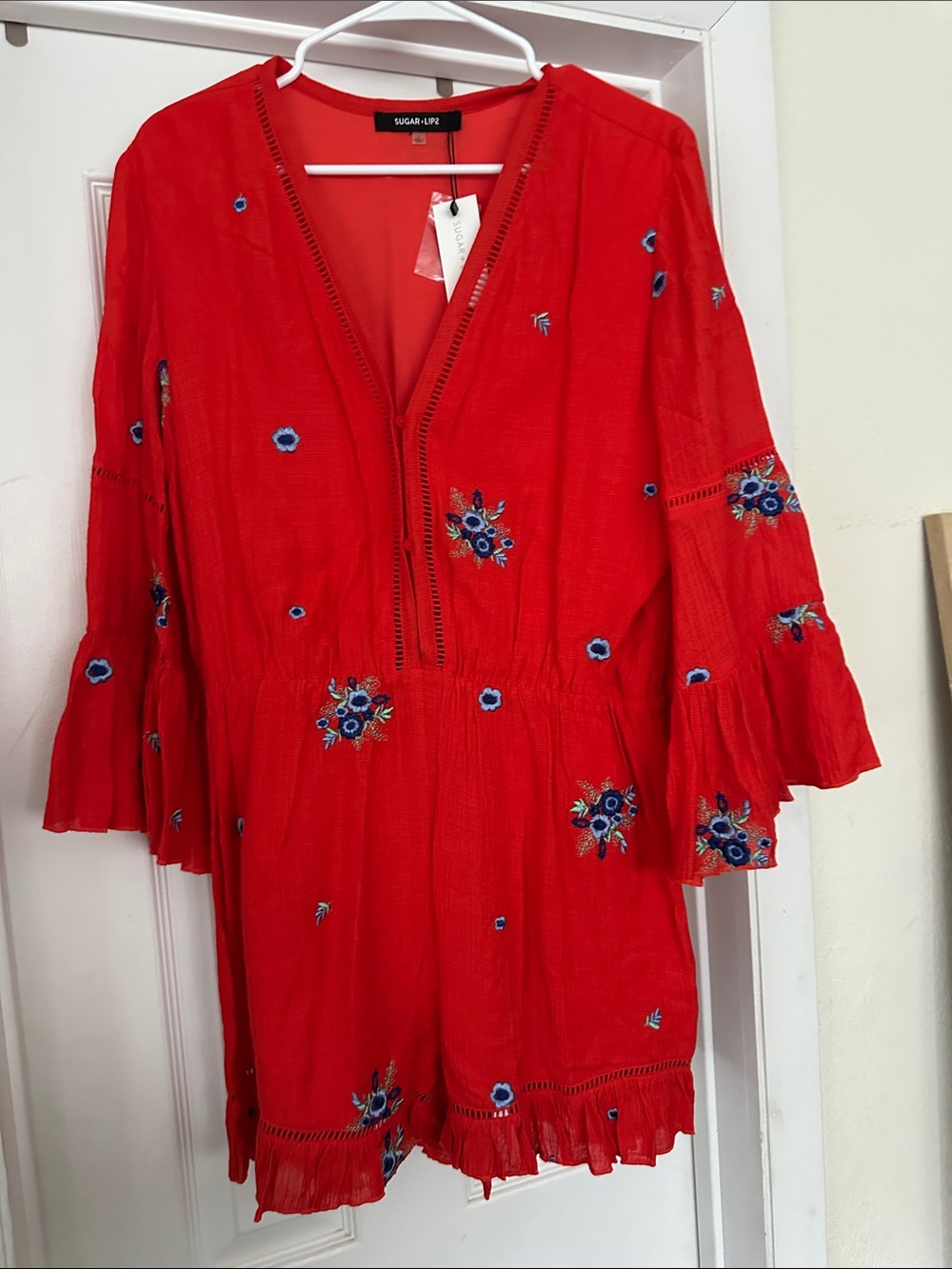 Sugarlips Red Mini Dress with Blue Floral Embroidery